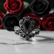 Gothic Romance Wedding Rings- Coffin Cut Diamond with Black Roses in 14k White Gold Band with Thorns-Black Diamonds New York