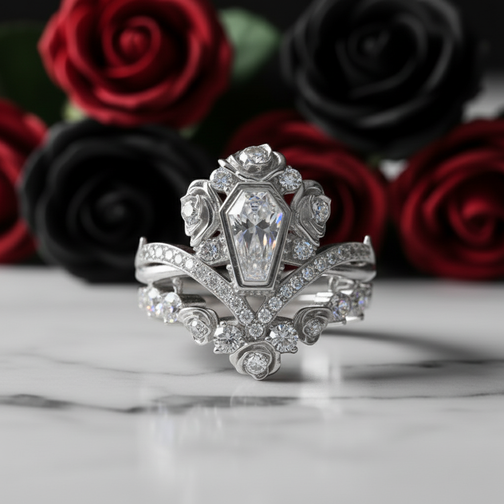 Gothic Romance Wedding Rings- Coffin Cut Diamond with Black Roses in 14k White Gold Band with Thorns-Black Diamonds New York