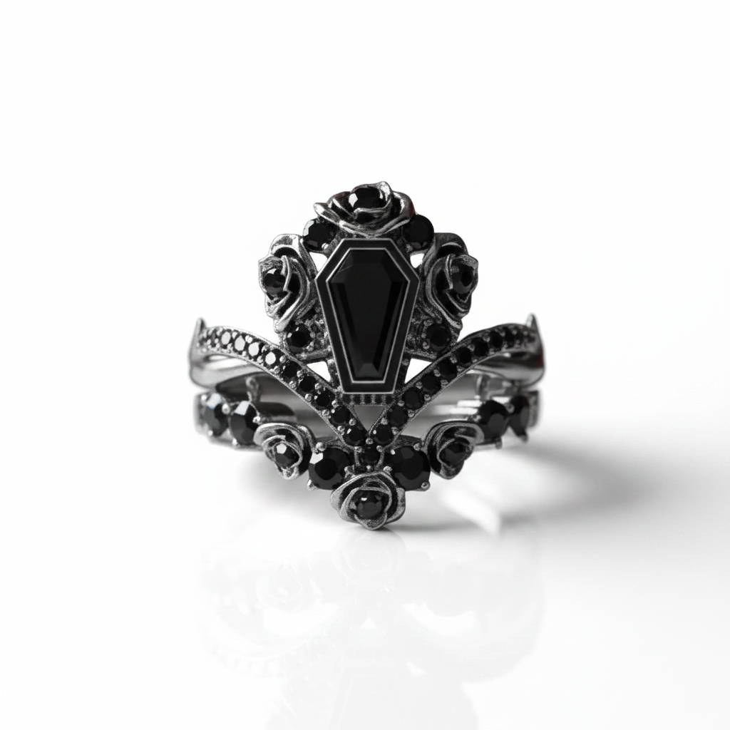 Gothic Romance Wedding Rings- Coffin Cut Diamond Option with Black Roses in 14k White Gold Band with Thorns-Black Diamonds New York