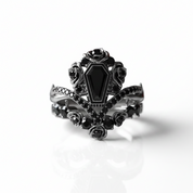 Gothic Romance Wedding Rings- Coffin Cut Diamond Option with Black Roses in 14k White Gold Band with Thorns-Black Diamonds New York
