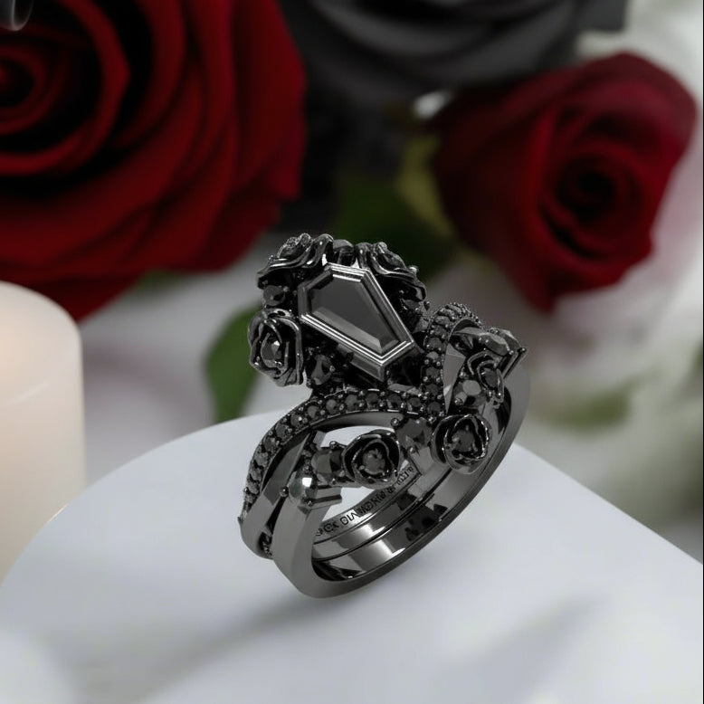Gothic Romance Wedding Rings- Coffin Cut Diamond with Black Roses in 14k White Gold Band with Thorns-Black Diamonds New York