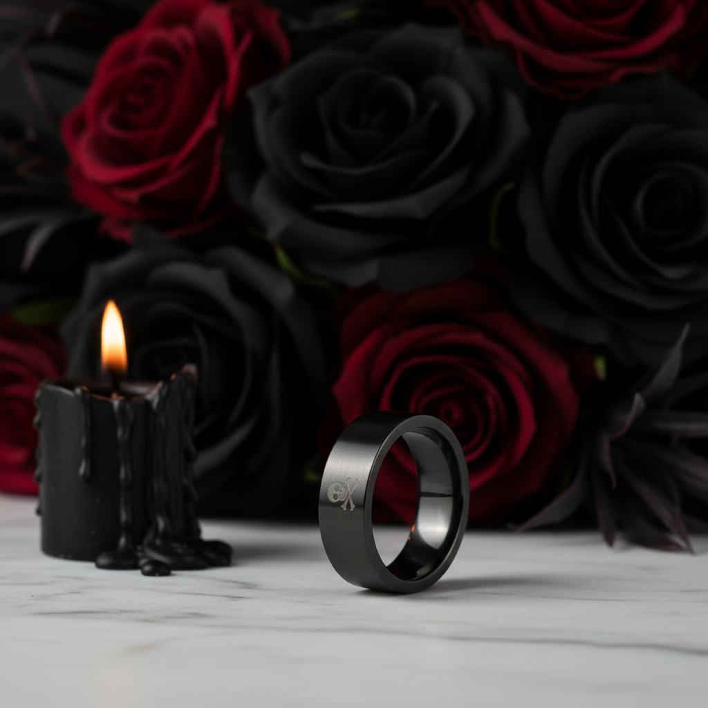 A matte black ring with a small skull-and-crossbones engraving stands on a white marble surface, styled with black wax candles and a background of black and deep red roses.