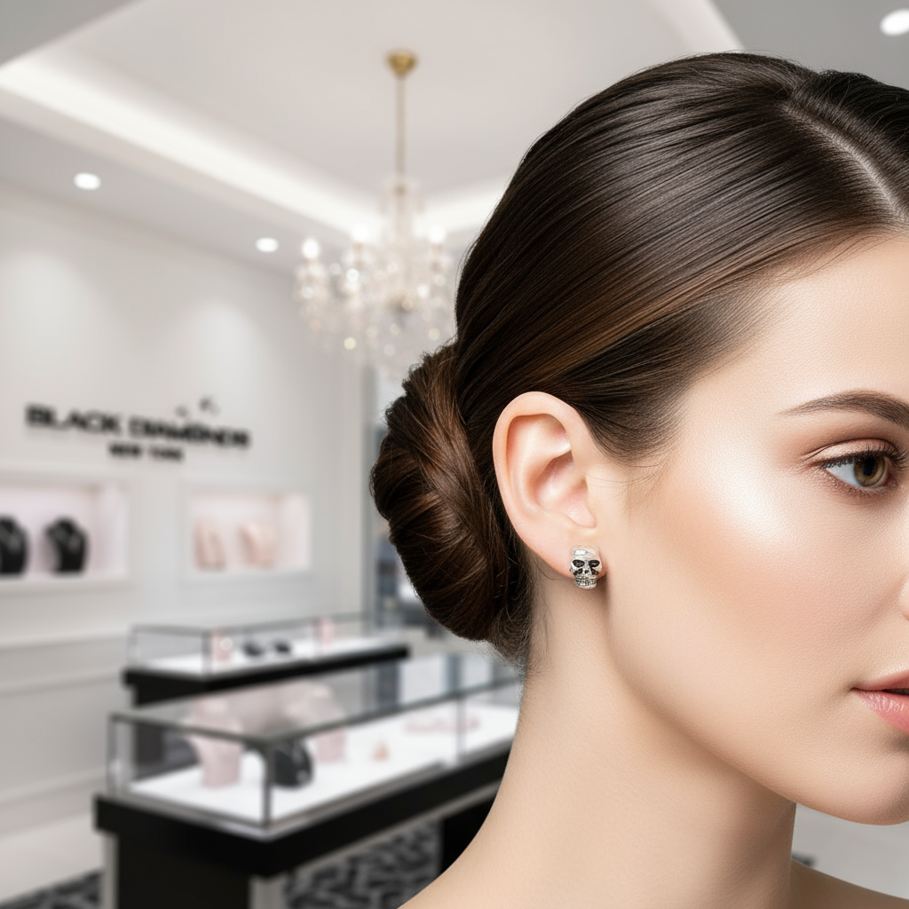 Gothic Skull Stud Earrings-Black Diamonds New York