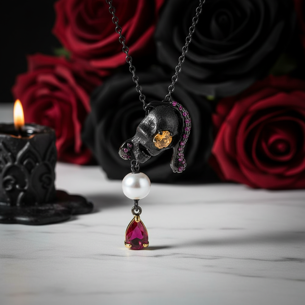 Gothic Skull with Freshwater Pearl Necklace-Black Diamonds New York