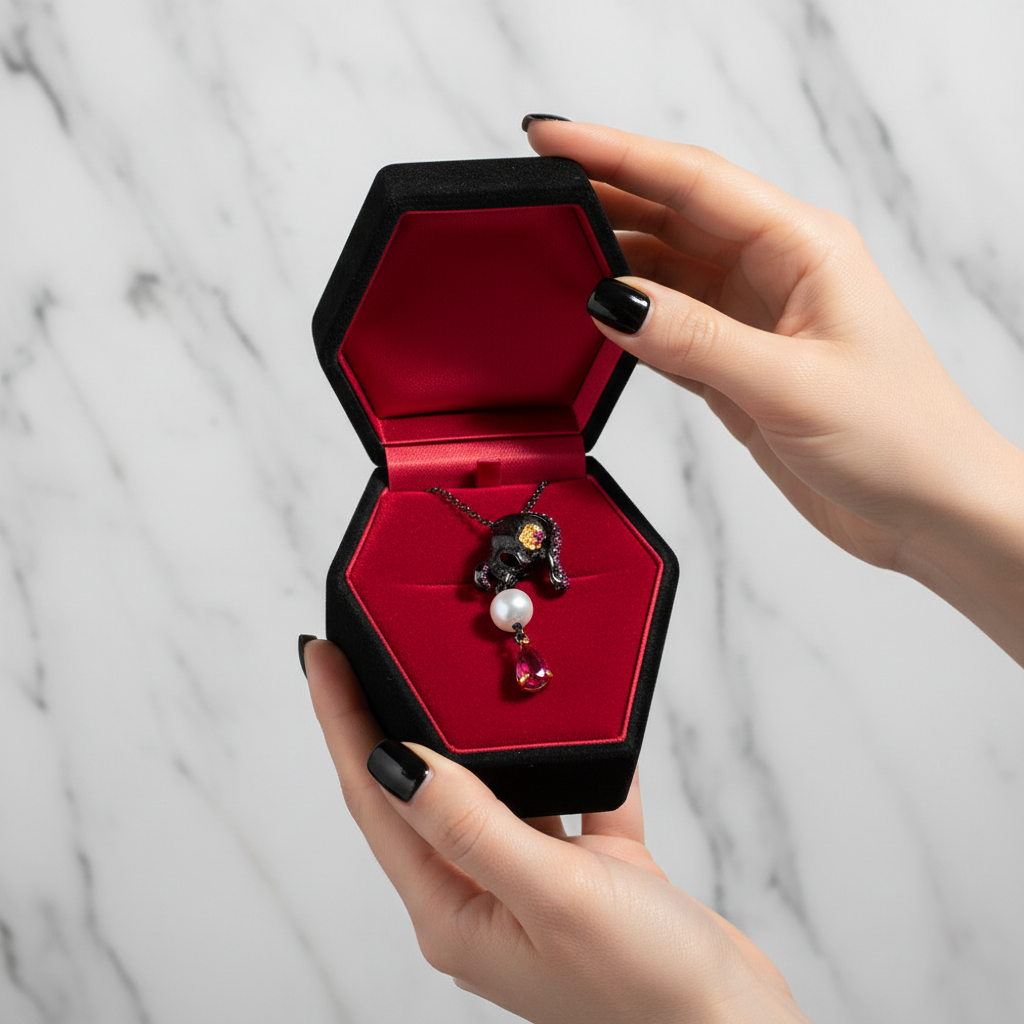 Gothic Skull with Freshwater Pearl Necklace-Black Diamonds New York