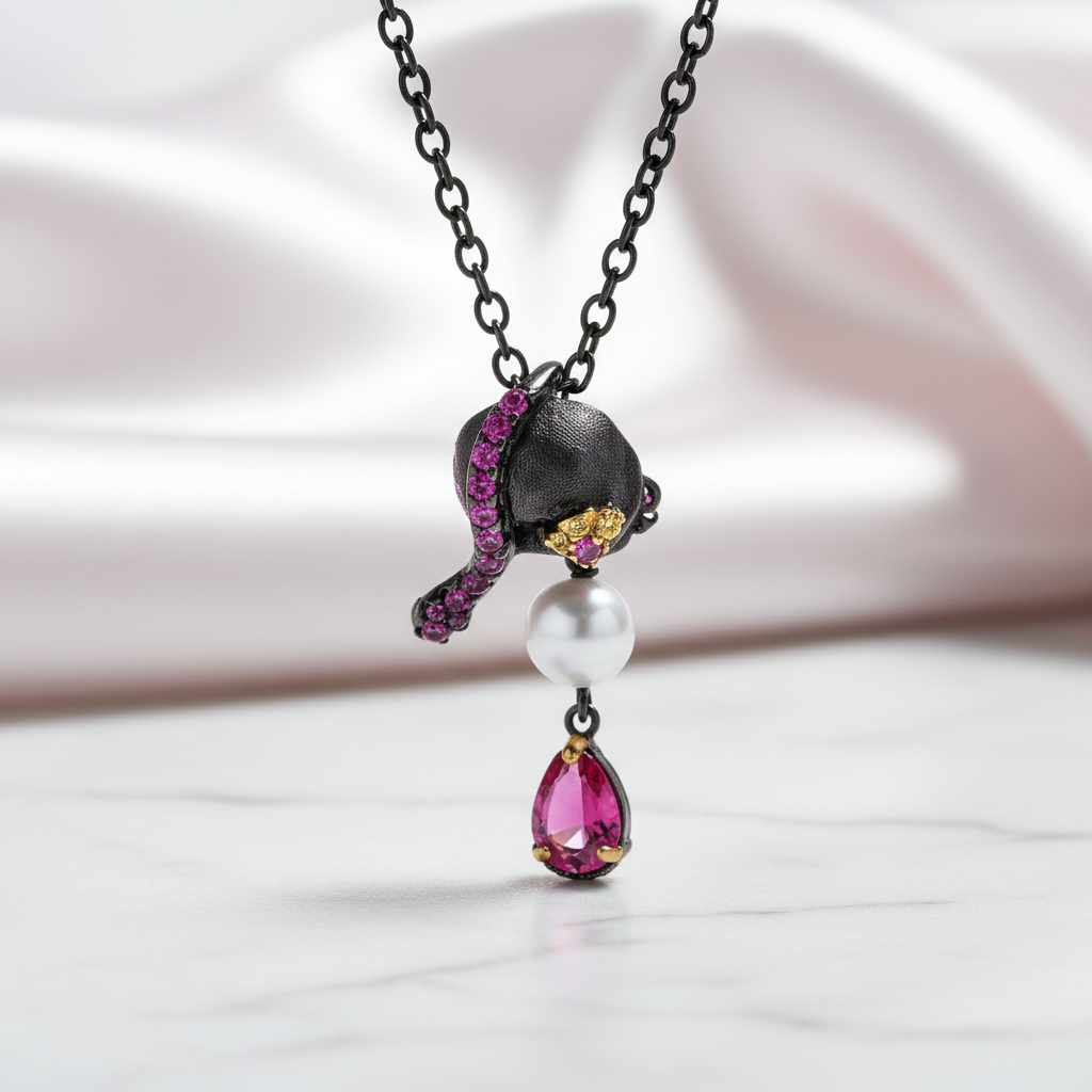 Gothic Skull with Freshwater Pearl Necklace-Black Diamonds New York