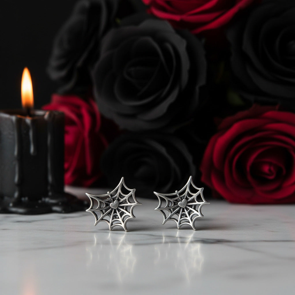 Gothic Option Retro Spider Web Stud Earrings-Black Diamonds New York