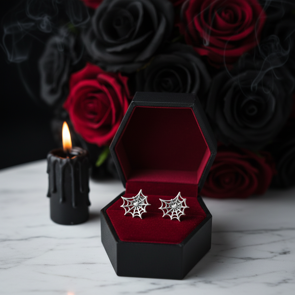 Gothic Option Retro Spider Web Stud Earrings-Black Diamonds New York