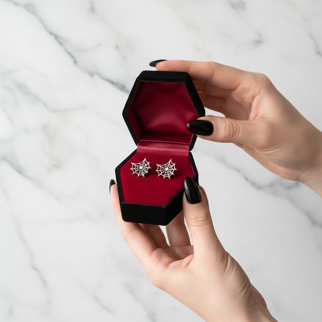 Gothic Option Retro Spider Web Stud Earrings-Black Diamonds New York