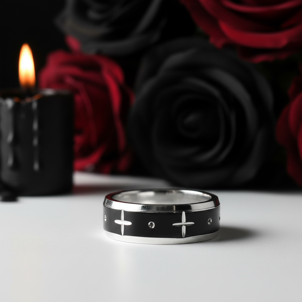 Gothic Two Tone Cross Men's Ring Band-Black Diamonds New York