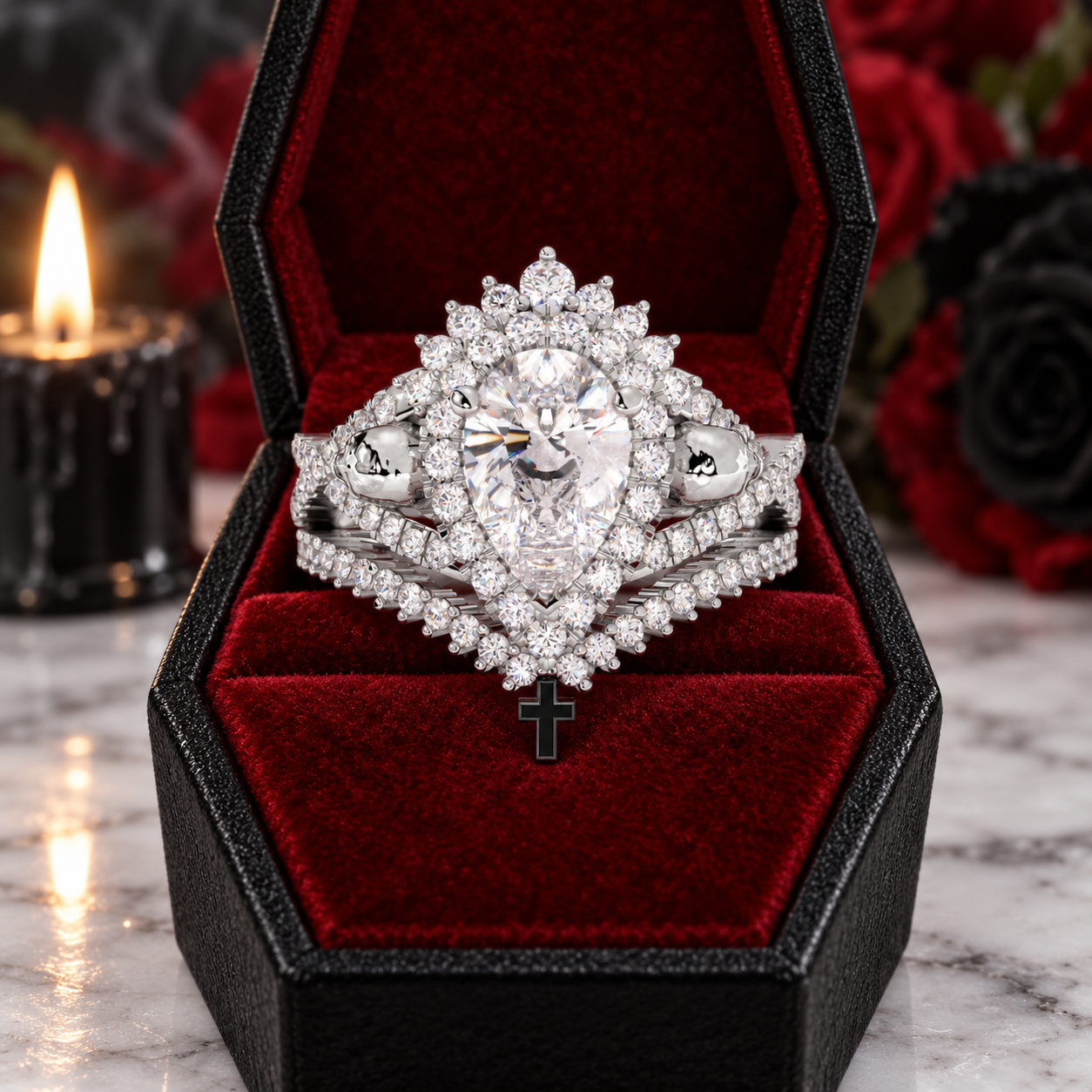 1ct Pear Cut Black Diamond Option Skull Ring Set-Black Diamonds New York