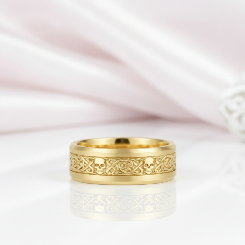 10k Gold Celtic Skull Wedding Band-Black Diamonds New York