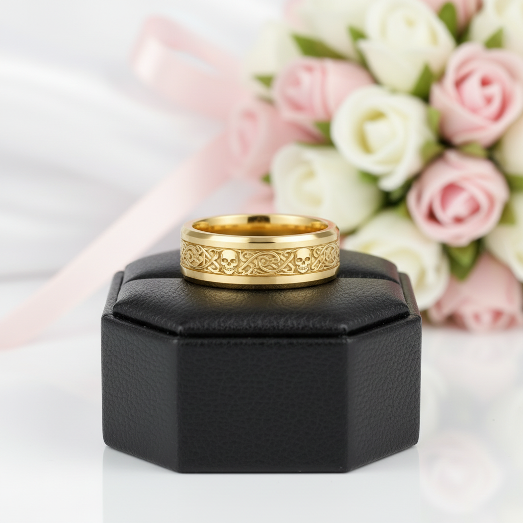 10k Gold Celtic Skull Wedding Band-Black Diamonds New York