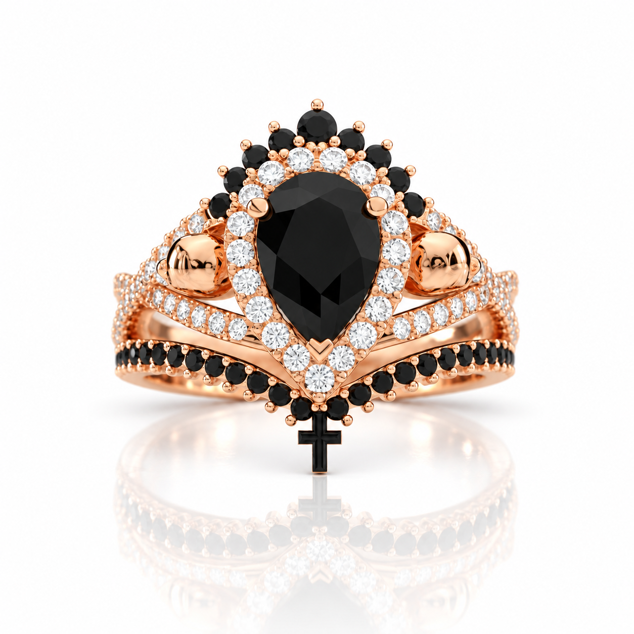 Loyalty Ring- 1ct Pear Cut Black Diamond Option Skull Ring Set-Black Diamonds New York