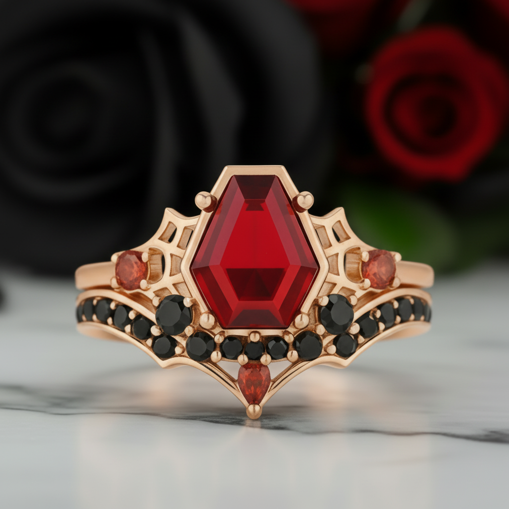 Eternal Vows Ring Set- Spider Web Coffin Cut Diamond Option Wedding Rings-Black Diamonds New York