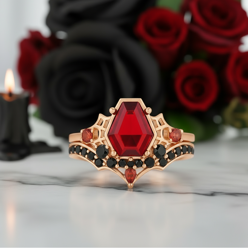 Eternal Vows Ring Set- Spider Web Coffin Cut Diamond Wedding Rings-Black Diamonds New York