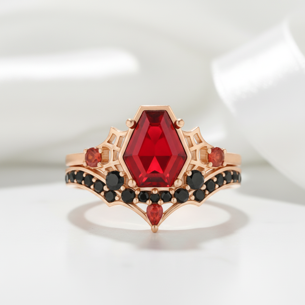 Eternal Vows Ring Set- Spider Web Coffin Cut Diamond Option Wedding Rings-Black Diamonds New York