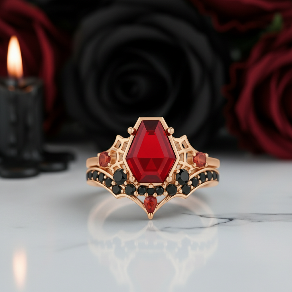 Eternal Vows Ring Set- Spider Web Coffin Cut Diamond Wedding Rings-Black Diamonds New York