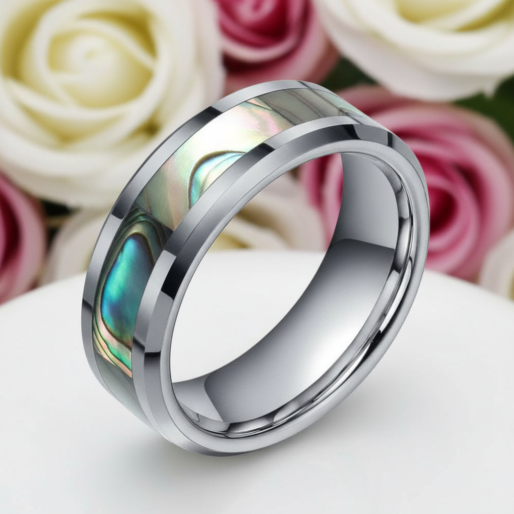 Green Abalone Men's Tungsten Wedding Band-Black Diamonds New York