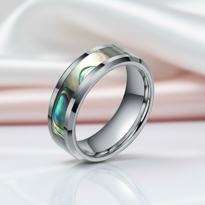 Green Abalone Men's Tungsten Wedding Band-Black Diamonds New York