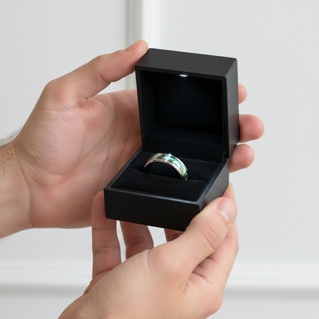 Green Abalone Men's Tungsten Wedding Band-Black Diamonds New York