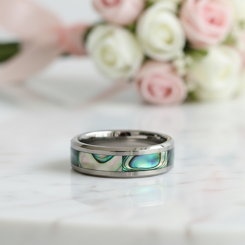 Green Abalone Men's Tungsten Wedding Band-Black Diamonds New York