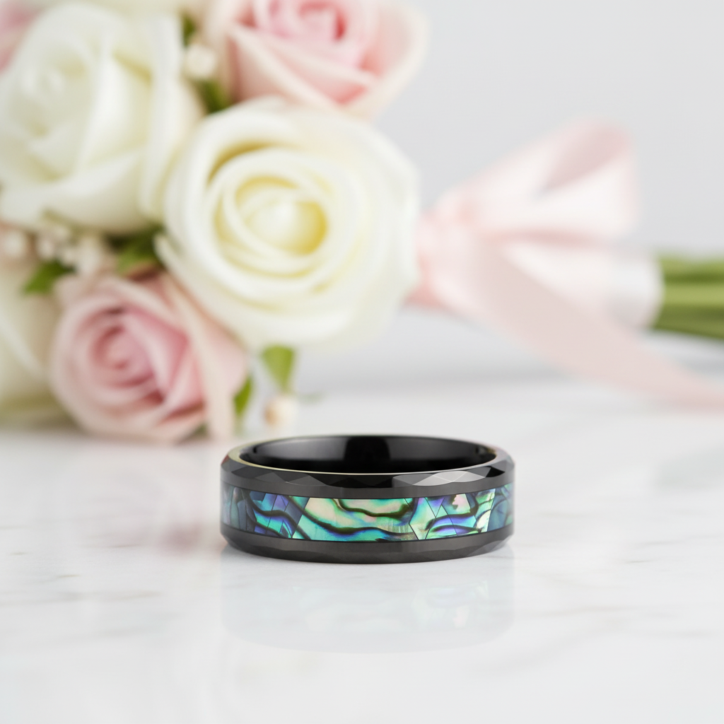 Green Abalone Shell Rhombus Tungsten Wedding Band-Black Diamonds New York