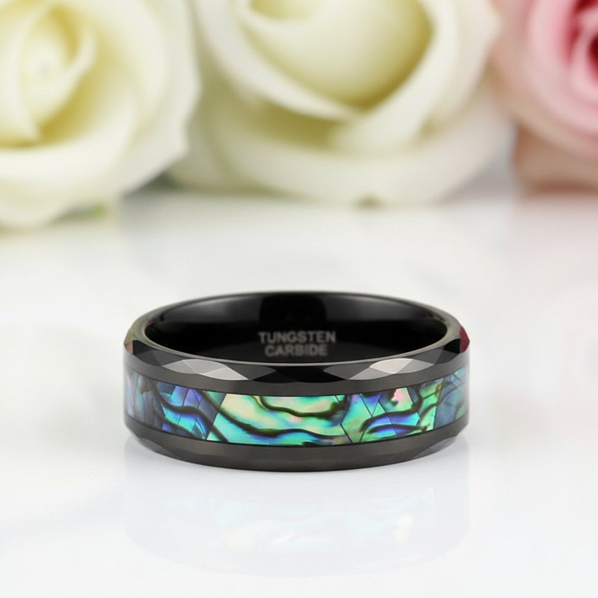 Green Abalone Shell Rhombus Tungsten Wedding Band-Black Diamonds New York
