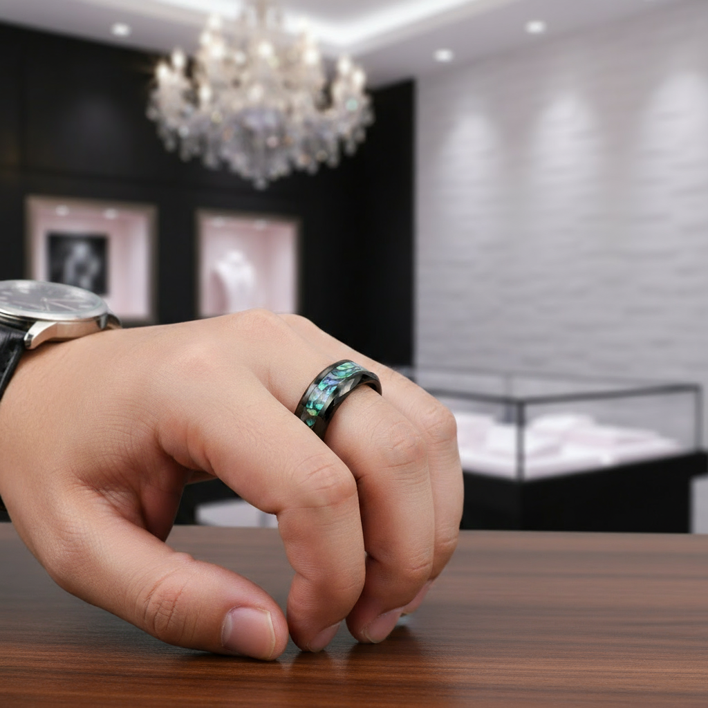 Green Abalone Shell Rhombus Tungsten Wedding Band-Black Diamonds New York