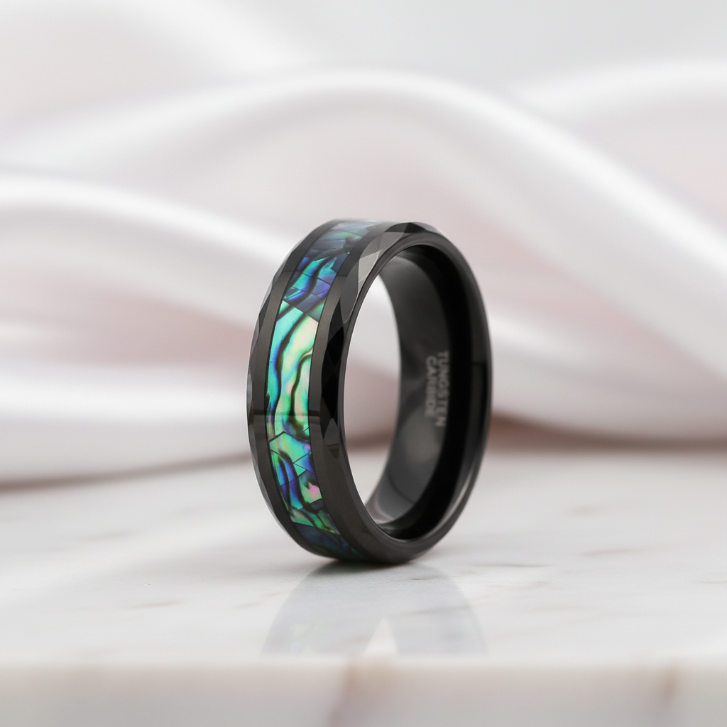Green Abalone Shell Rhombus Tungsten Wedding Band-Black Diamonds New York