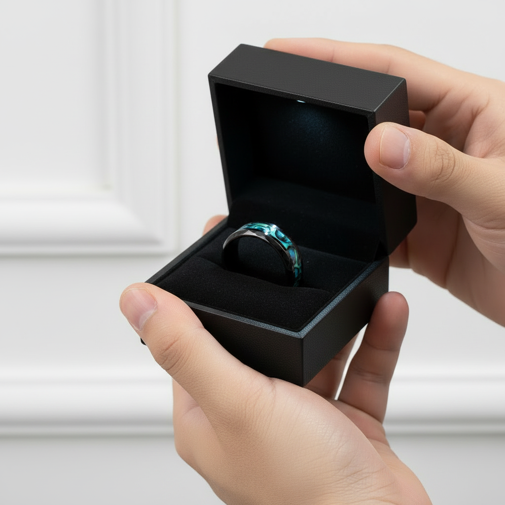 Person holding a black jewelry box with a ring inside against a neutral background