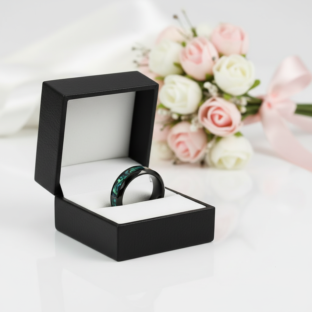 Black ring box with a ring inside, placed on a white surface with flowers in the background.