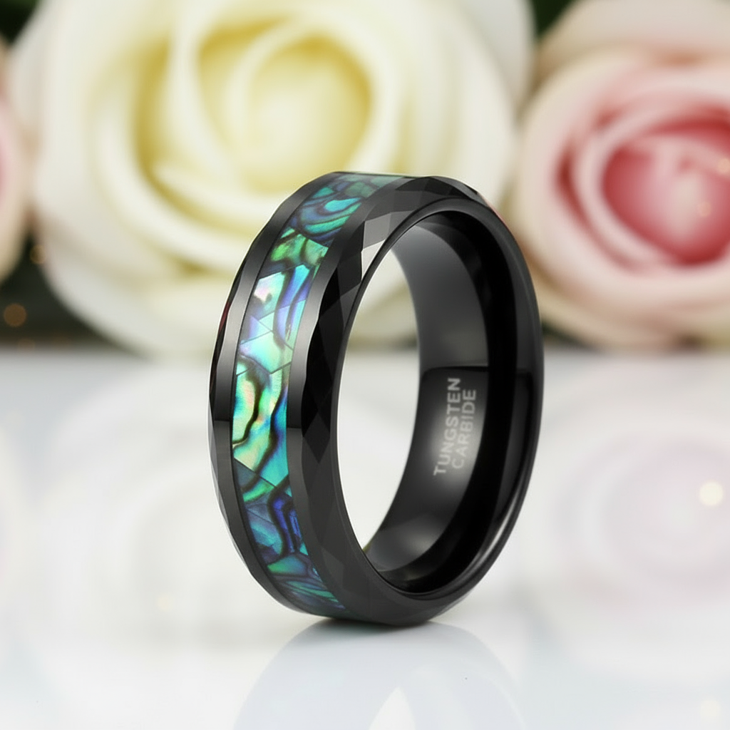 Green Abalone Shell Rhombus Tungsten Wedding Band-Black Diamonds New York