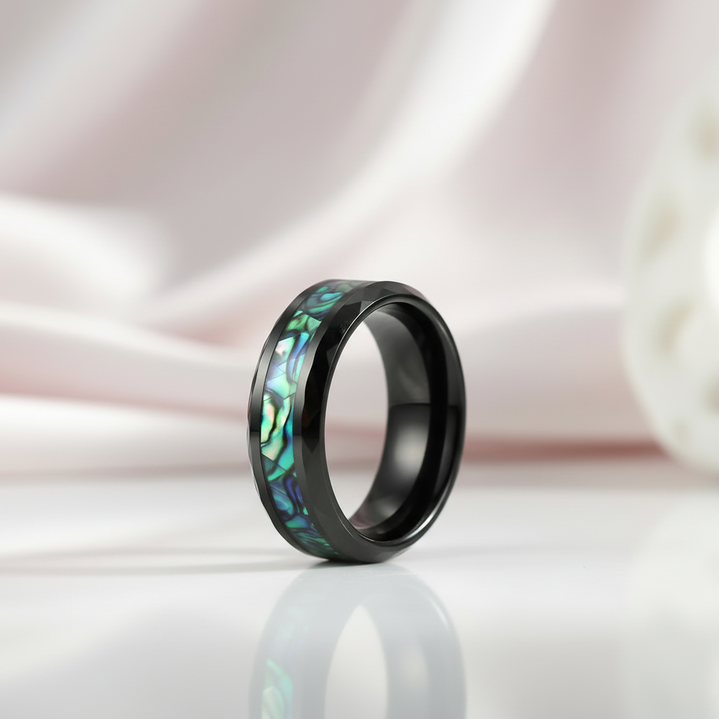 Black ring with colorful inlay on a white background