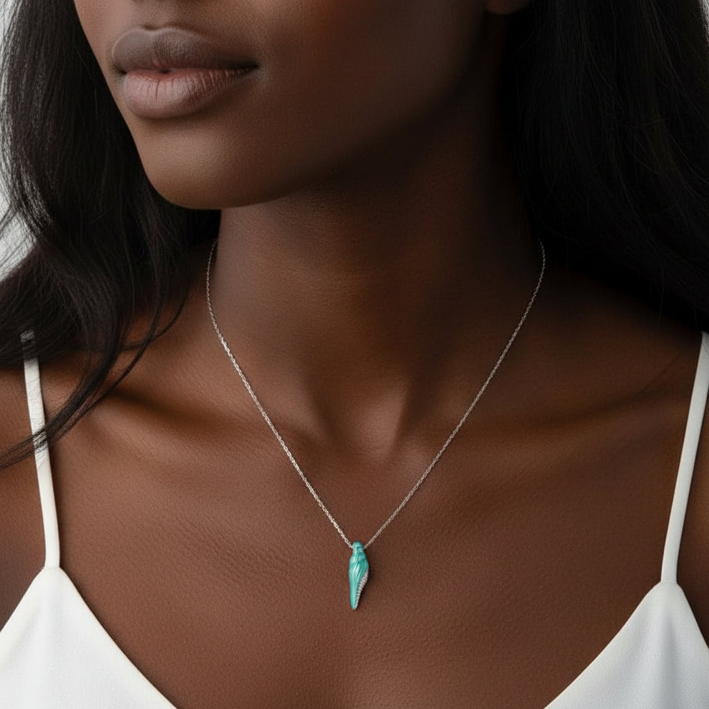 Green Enamel Conch Shell Pendant Necklace with Diamond-Black Diamonds New York