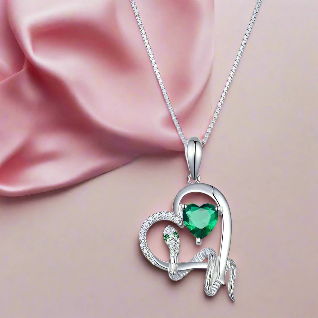 Green Heart Diamond Pendant Necklace with Snake Intertwine-Black Diamonds New York