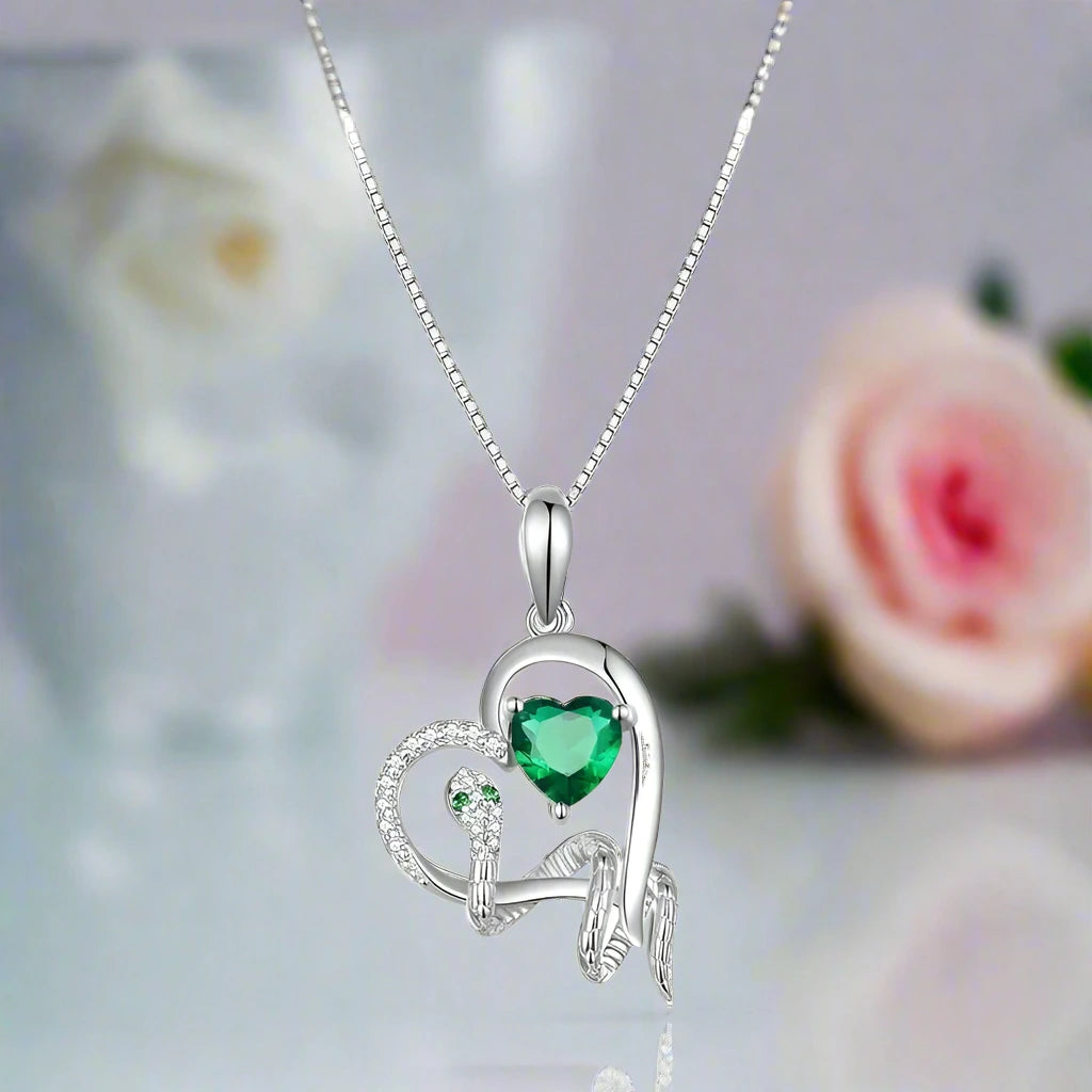 Green Heart Diamond Pendant Necklace with Snake Intertwine-Black Diamonds New York