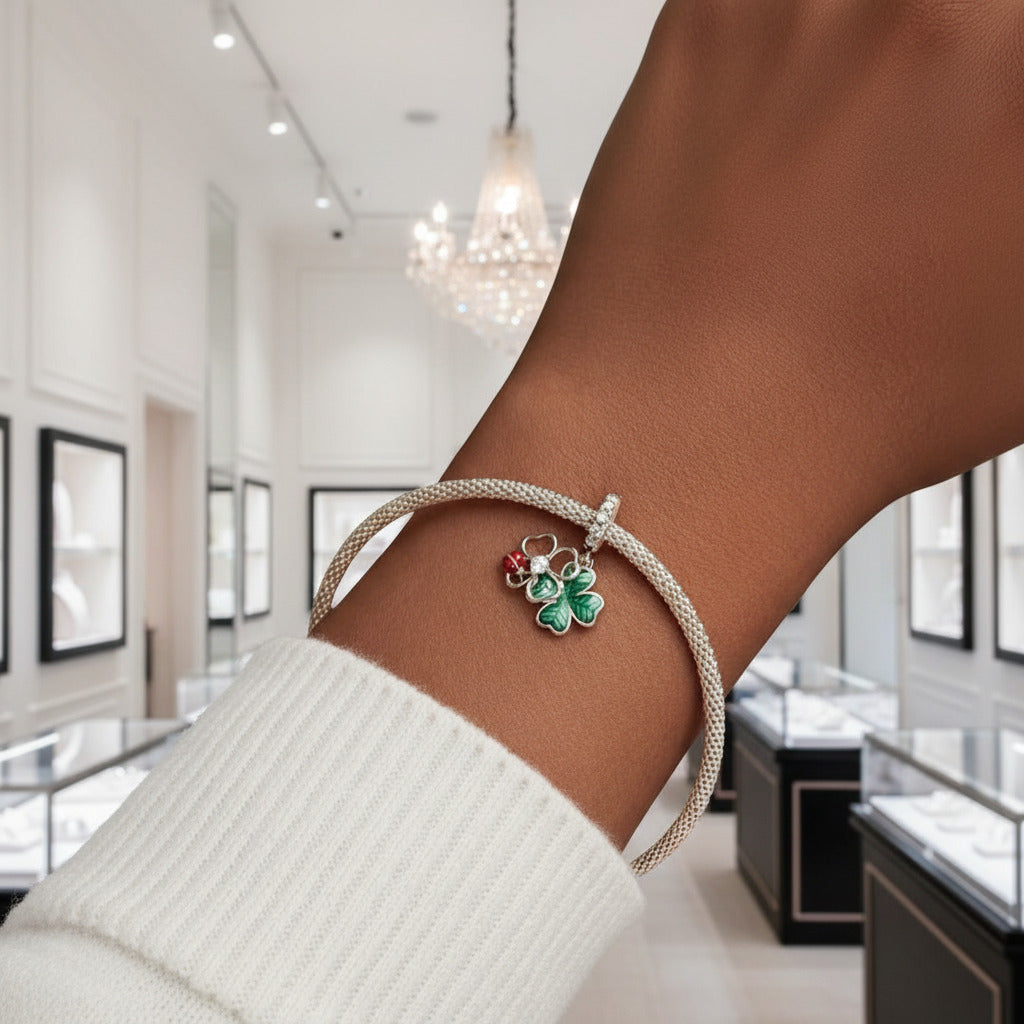 Green Lucky Clover & Red Ladybug Charms-Black Diamonds New York