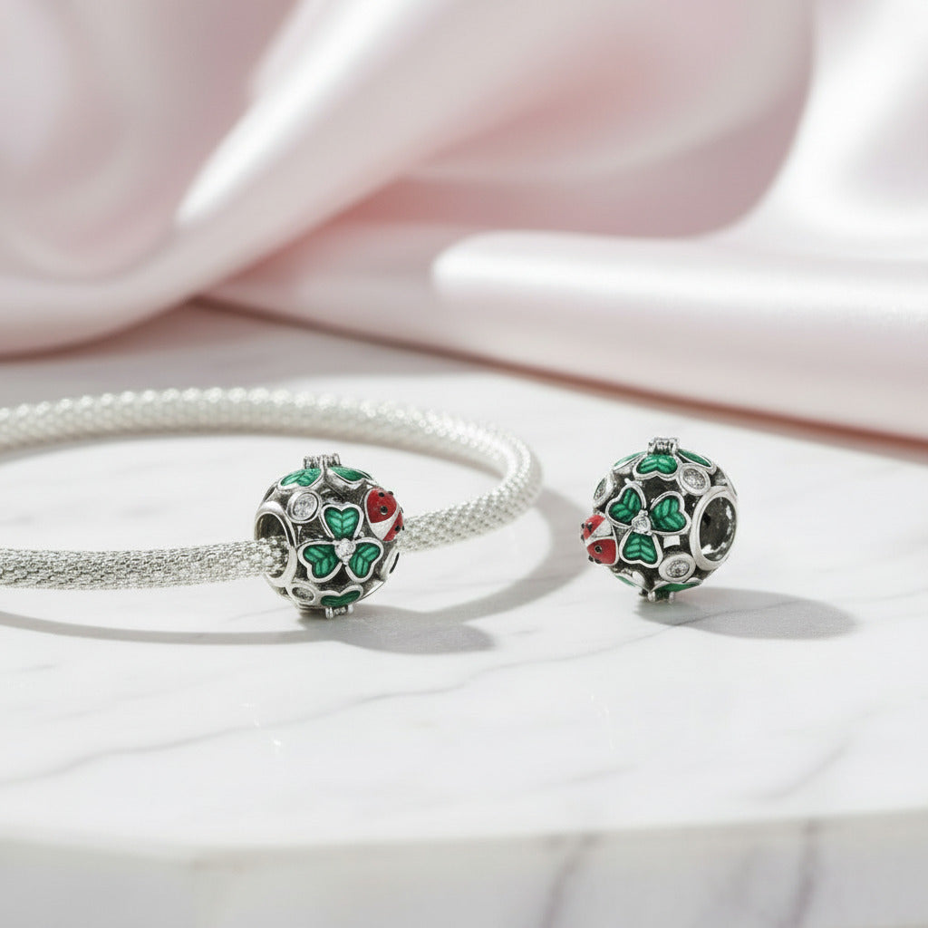 Green Lucky Clover & Red Ladybug Charms-Black Diamonds New York