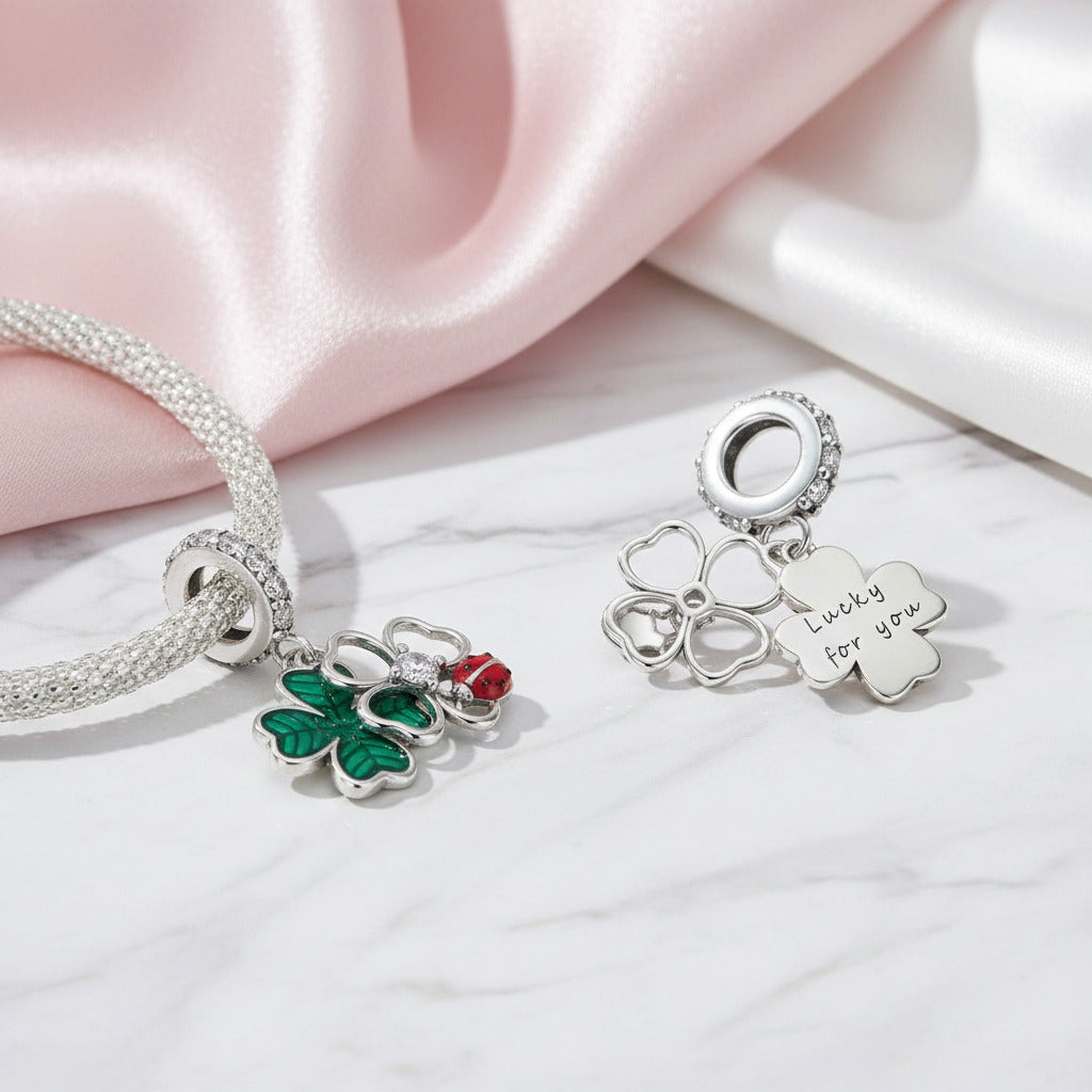 Green Lucky Clover & Red Ladybug Charms-Black Diamonds New York