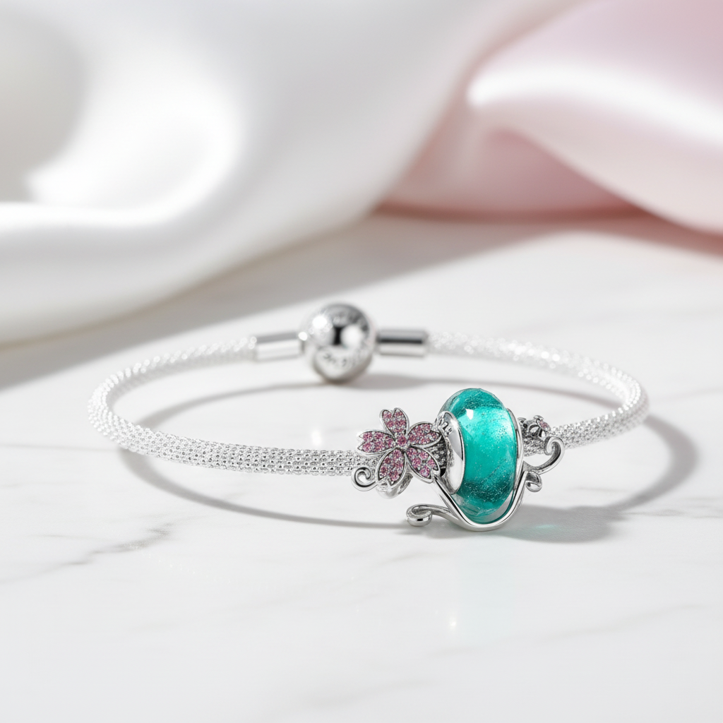 Green Murano Beads & Pink Flower Charm-Black Diamonds New York