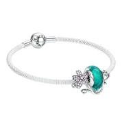 Green Murano Beads & Pink Flower Charm-Black Diamonds New York