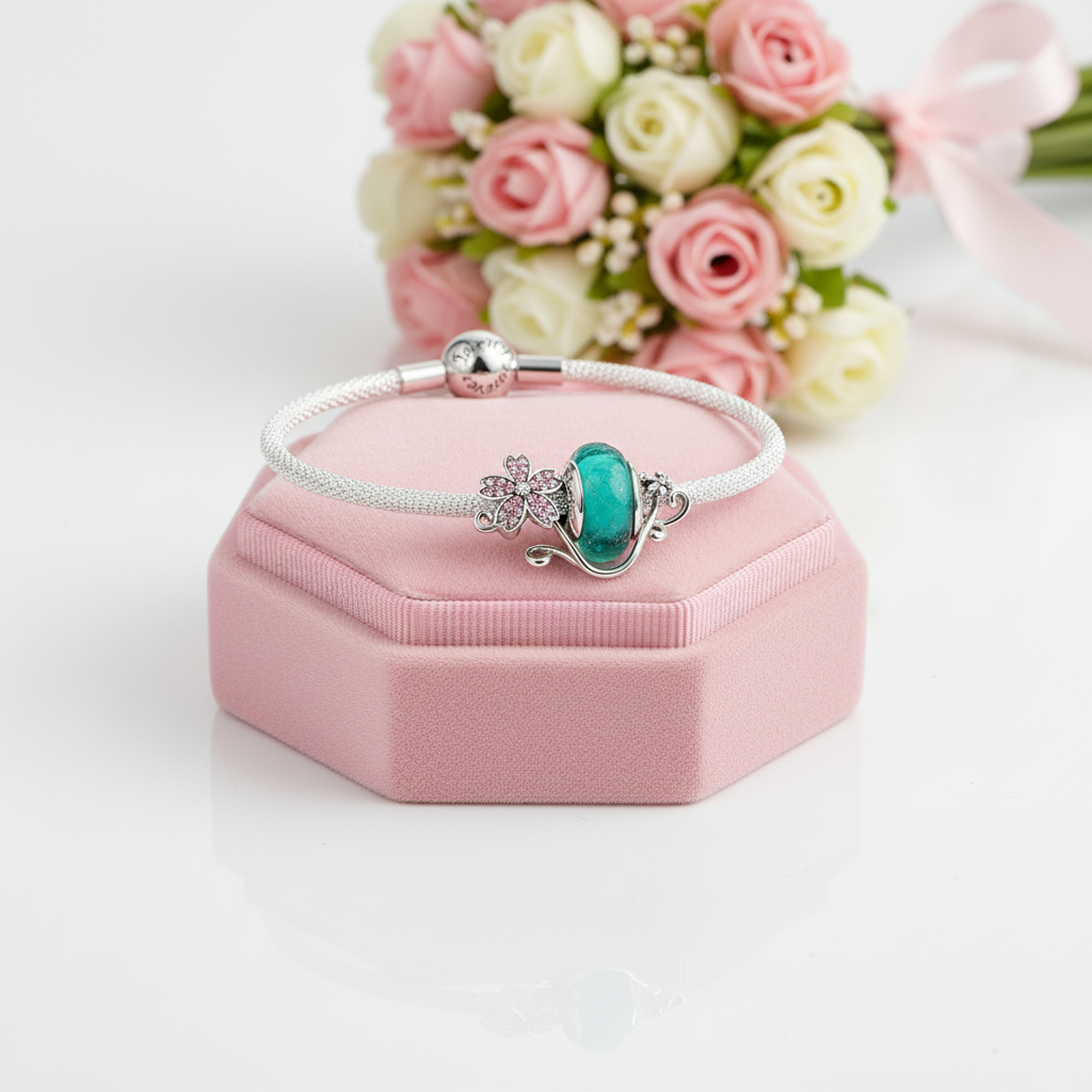 Green Murano Beads & Pink Flower Charm-Black Diamonds New York