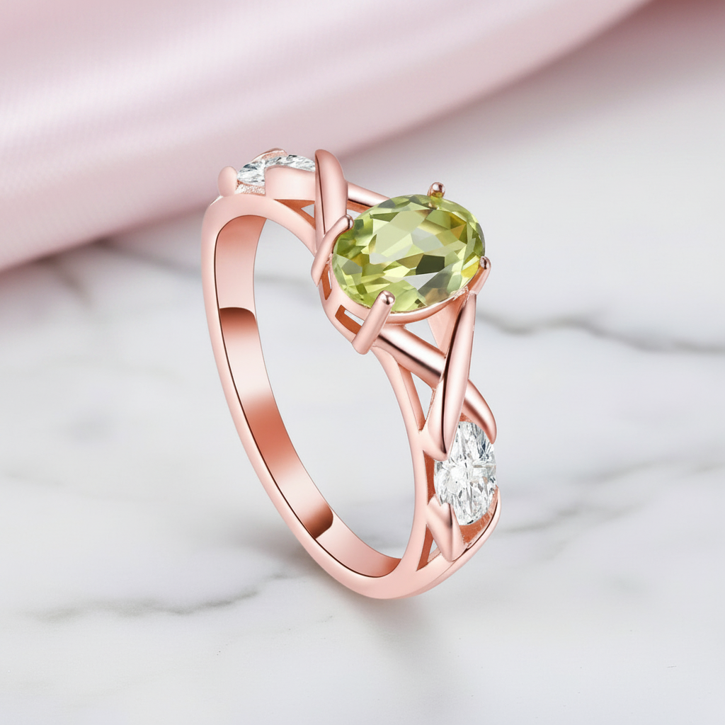 Green Peridot Rose Gold Bohemian Ring-Black Diamonds New York