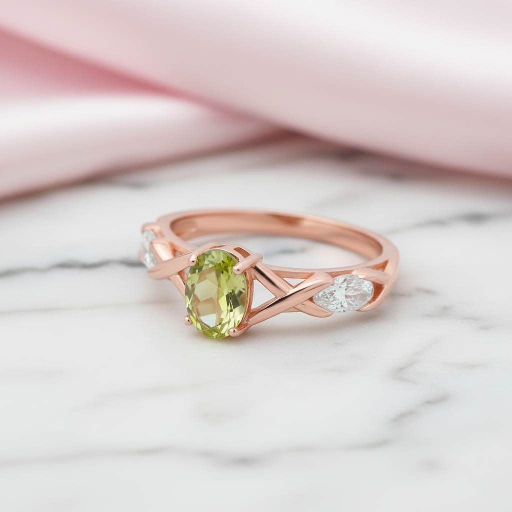 Green Peridot Rose Gold Bohemian Ring-Black Diamonds New York