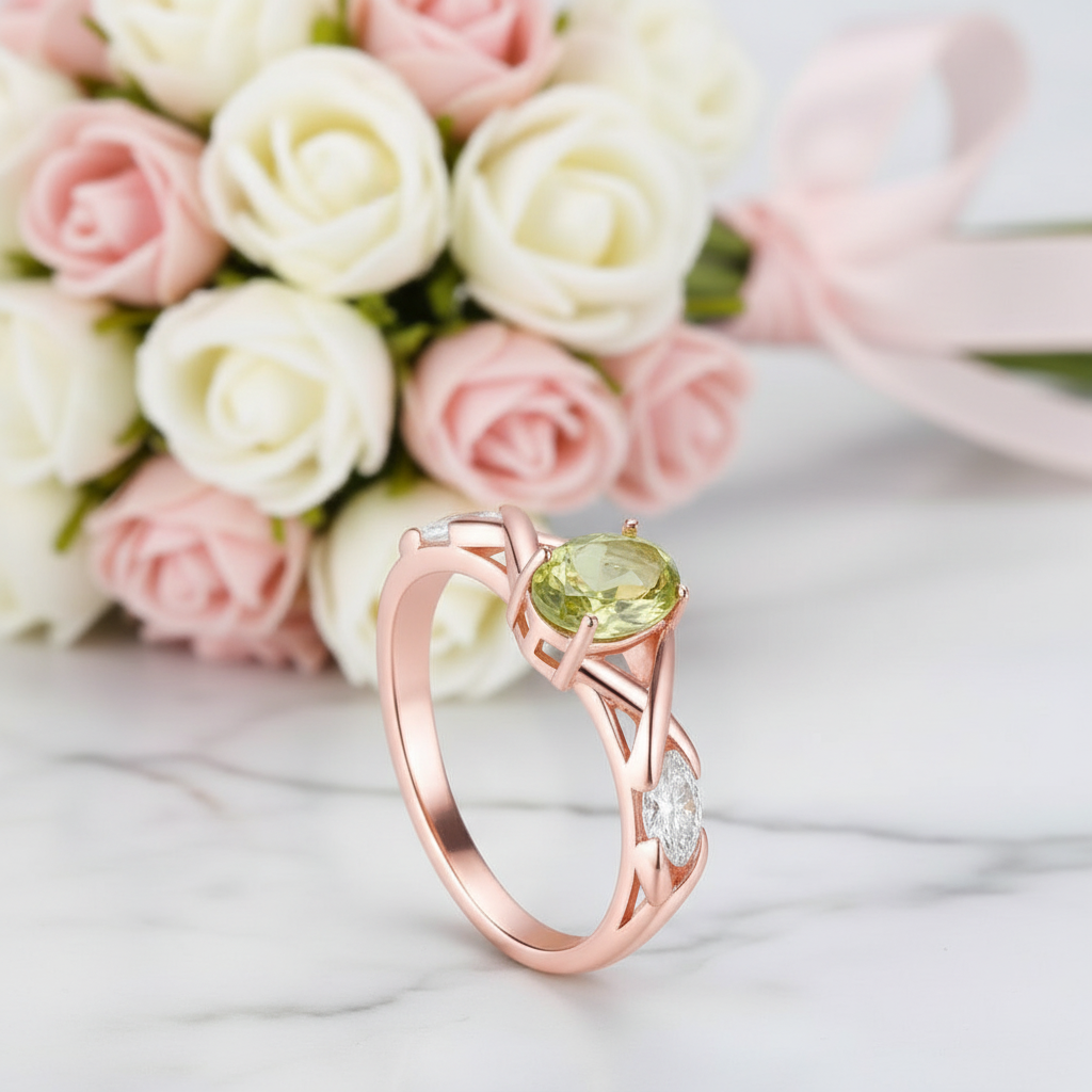 Green Peridot Rose Gold Bohemian Ring-Black Diamonds New York