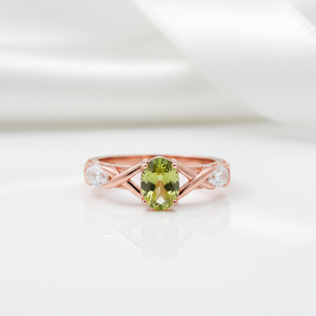 Green Peridot Rose Gold Bohemian Ring-Black Diamonds New York