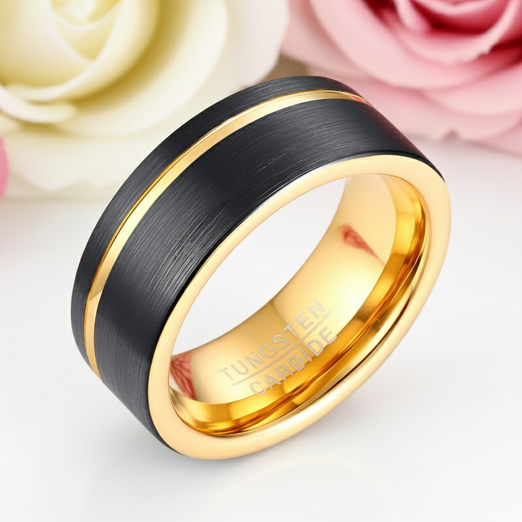 Groove Gold Men's Tungsten Wedding Band-Black Diamonds New York