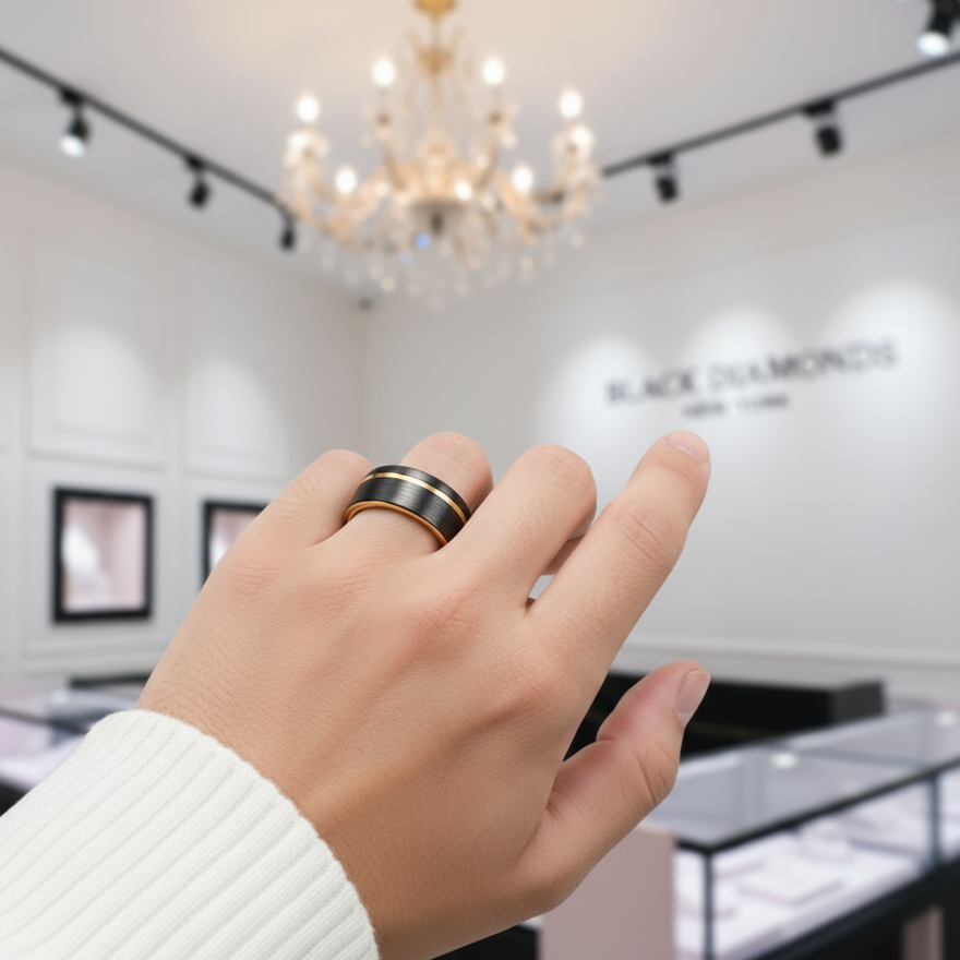 Groove Gold Men's Tungsten Wedding Band-Black Diamonds New York