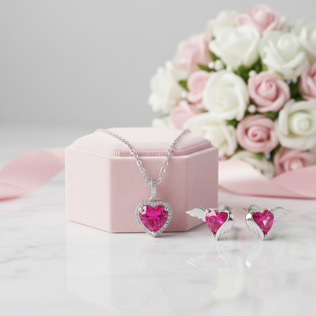Guardian Wings Pink Heart Diamond Option Jewelry Set-Black Diamonds New York